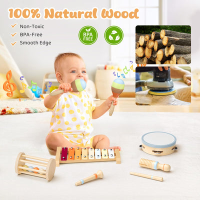 Musikinstrumente für Kinder, Montessori Musikinstrumente Set, Musik Holzspielzeug für Jungen und Mädchen, Spielzeug Geschenke Trommel Xylophon für Kleinkinder ab 1-3 Jahren