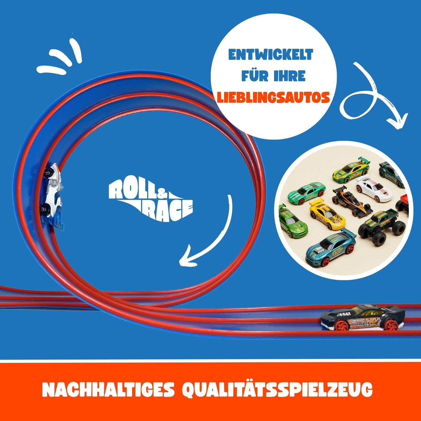 Roll&Race Flexible Spielzeugautorennbahn 400 cm - Made in EU - Aufrollbare Rennstrecke - Spielzeugauto-Rennstrecke - Rennbahn - Geschenk für Kinder - Gummistrecke Kinder - Flexible Car Track