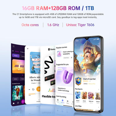 OUKITEL C1 Android 15 Smartphone Ohne Vertrag, 16GB+128GB /1TB Handy Günstig, 6.52" HD+ Handy Ohne Vertrag,5150mAh Simlockfreie Handys, 13MP+5MP, Dual 4G SIM 3 Steckplatz/Fingerabdruck/OTG/3.5mm Jack