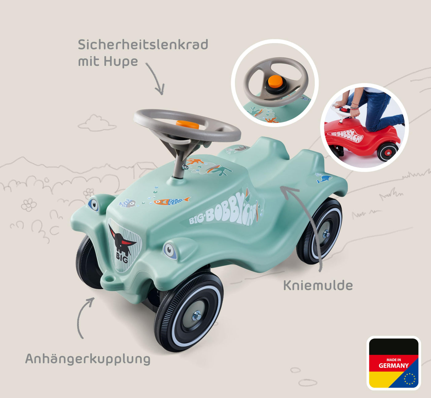 BIG Bobby Car Classic Green Sea - Rutschauto ab 1 Jahr im bunten Meeres-Design mit grauem Sicherheits-Lenkrad und Hupe, für Kinder von 1-5 Jahre (bis 50 kg), salbei mit Aufklebern