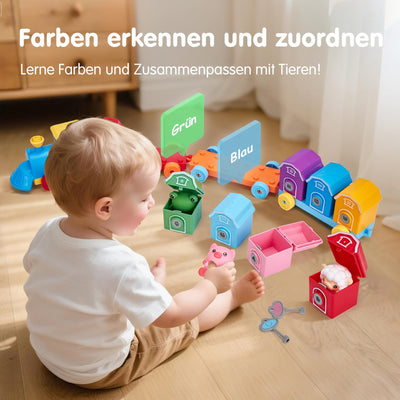 hahaland Zug Spielzeug mit Bauernhoftiere & Schlüssel,Montessori Spielzeug 2 Jahre zum Zählen,Sortierspiel,Zuordnen,Motorikspielzeug mit Fingerpuppen, Kinderspielzeug ab 2 3 4 5 Jahre Geschenk