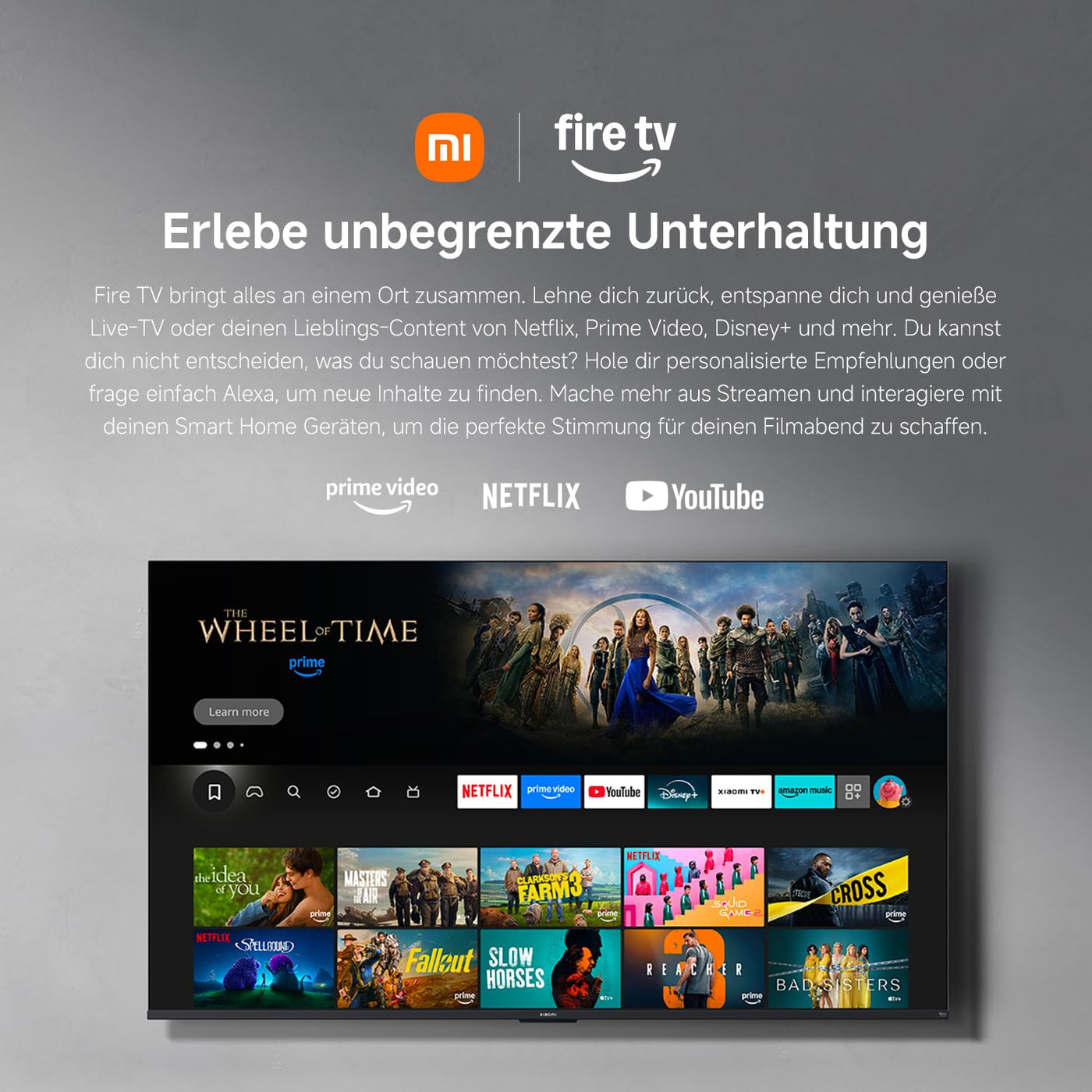 Xiaomi F, 55 Zoll (140 cm), 4K UHD, Smart TV, Fire TV, Triple Tuner DVB-C/S/S2/T/T2,HDR10, MEMC,Game Boost mode 120Hz, Sprachsteuerung mit Alexa, 2GB+32GB, Kompatibel mit Apple AirPlay