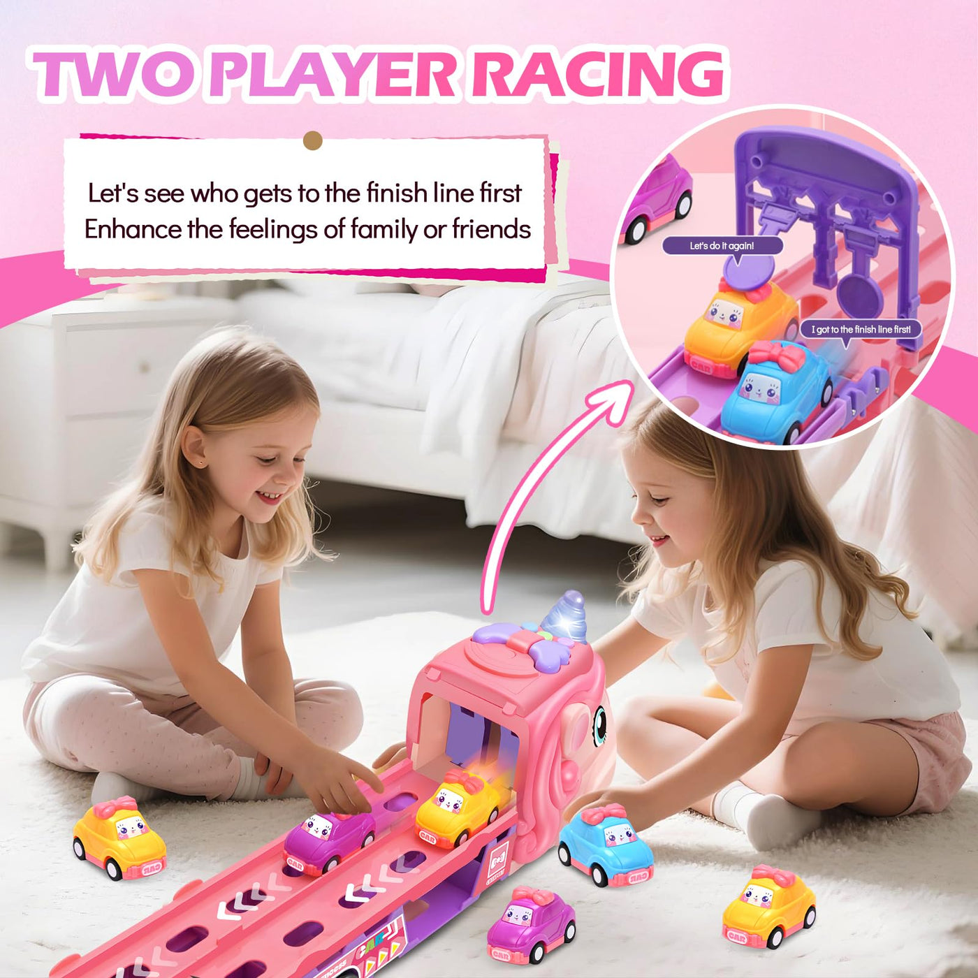 RoserRose Autotransporter Spielzeug ab 2 3 4 5 Jahre Mädchen, Einhorn Transport Truck Autotransporter mit Licht Musik und Rennbahn, LKW mit Autos Spielzeug Kinderspielzeug ab 2 Jahre Mädchen Geschenk