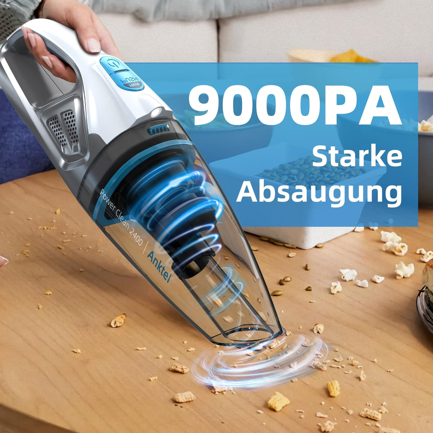 Anktel Handstaubsauger Testsieger 9000Pa mit LED Beleuchtung Handstaubsauger Akku Kabellos Nass&Trocken Handsauger mit Waschbar HEPA-Filter Beutellos per Auto, Haus -PowerClean 2400-