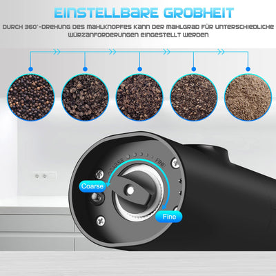 MILFECH Salz und Pfeffermühlen Elektrische 2er Set mit Wiederaufladbarer Basis, Einstellbarer Grobheit Gewürzmühle, Automatisches Mahlen, LED-Licht mit Reinigungsbürste für BBQ Restaurant Küche