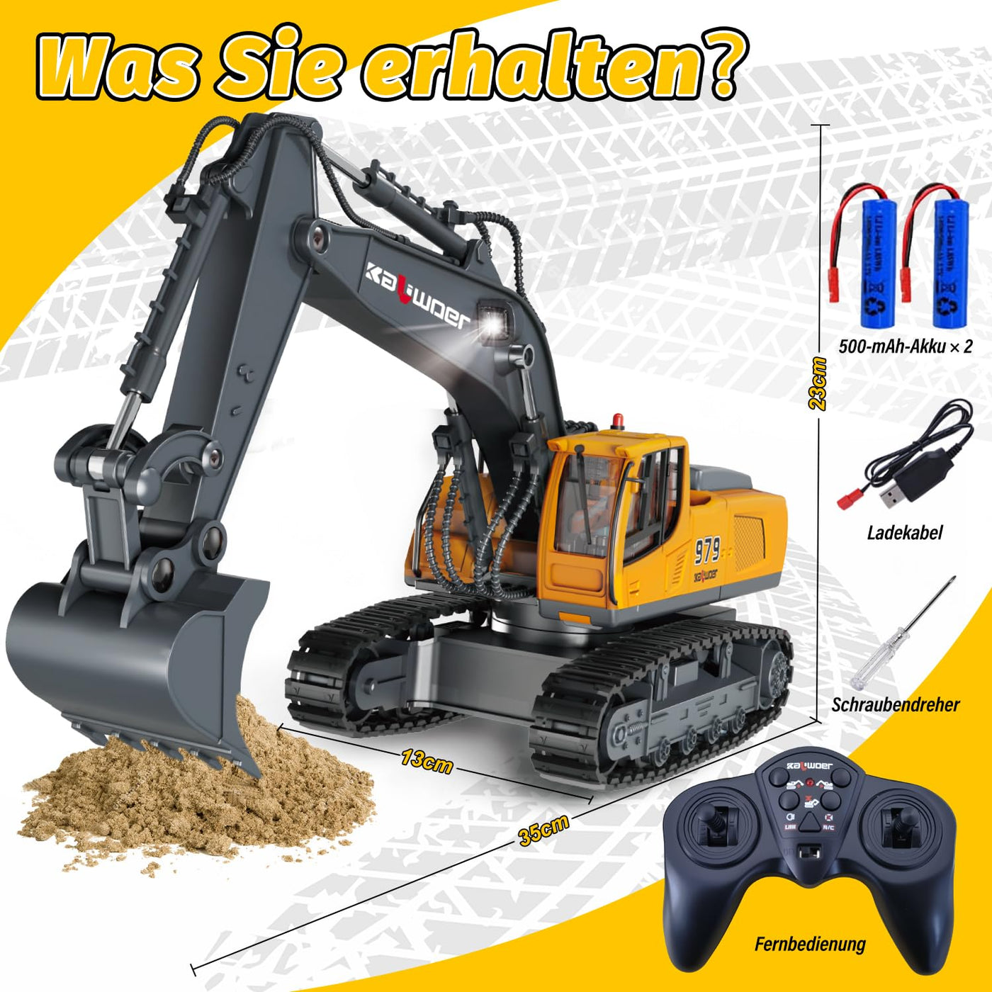 Ferngesteuerter Bagger Ferngesteuert ab 3 4 6 8 Jahre, 1:18 11 Kanäle bagger mit Fernbedienung, Schaufel und LED-Licht, Raupenbagger Spielzeug für 3 4 6 8 Jahre, Geschenk zum Geburtstag für Kinder