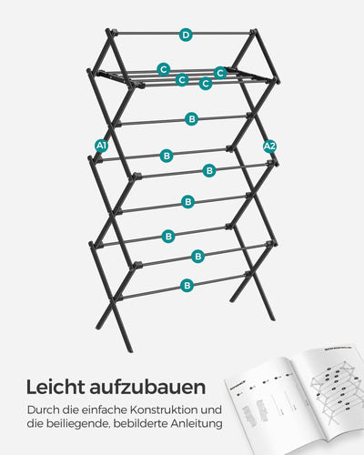 SONGMICS Wäscheständer, Standtrockner klappbar, kompakt, platzsparend, Stahlrahmen, 37 x 75 x 135,1 cm, einfacher Aufbau, für Innen- und Außenbereich, schwarz LLR770B01