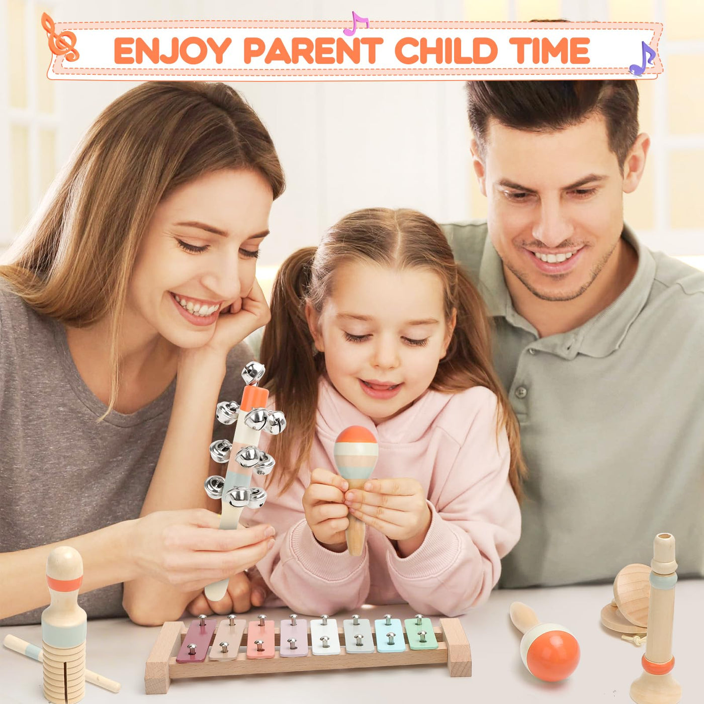 Musikinstrumente für Kinder, Kinderspielzeug ab 3 Jahre, Montessori Spielzeug, Holzspielzeug Baby Schlagzeug Kinder Trommel, Percussion-Instrumente Set, Geschenkideen für Jungen Mädchen 3+(9 in 1)