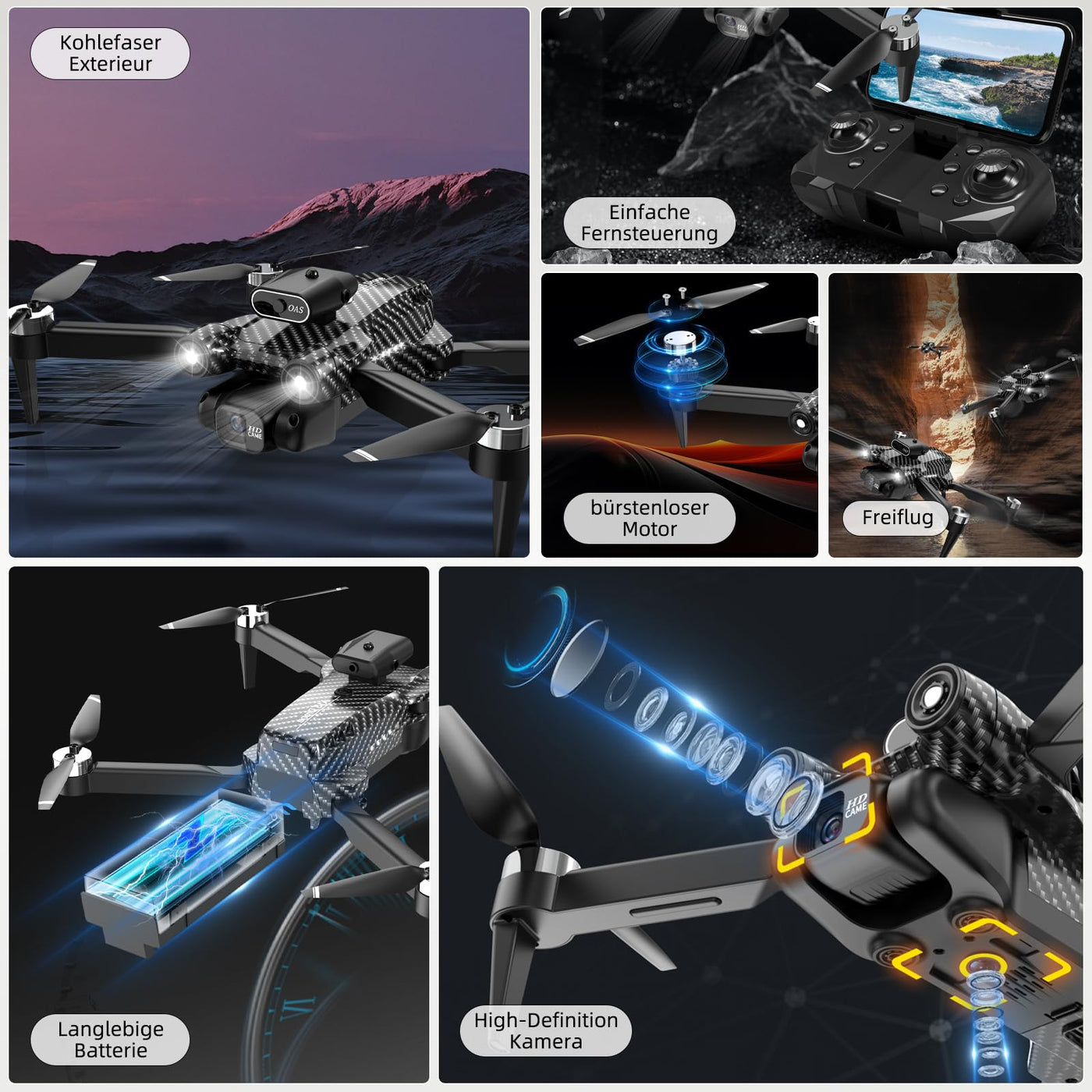 Drohne mit Kamera 4K, Mini Ferngesteuertes Flugzeug, Bürstenloser Motor 360°Flip Headless Modus WiFi 5G Bildübertragung Faltbar One Touch Start/Stop, 2 x 20 Mins Batterien, Kinderspielzeug, Schwarz