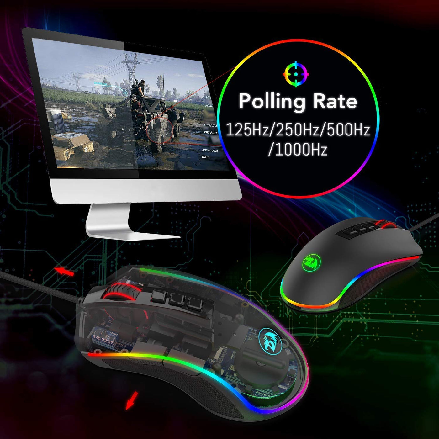 Redragon M711 Cobra Gaming Maus mit 16,8 Millionen RGB-Farben und Hintergrundbeleuchtung, 10.000 DPI Einstellbar, Komfortabler Griff, 7 Programmierbare Tasten, Schwarz