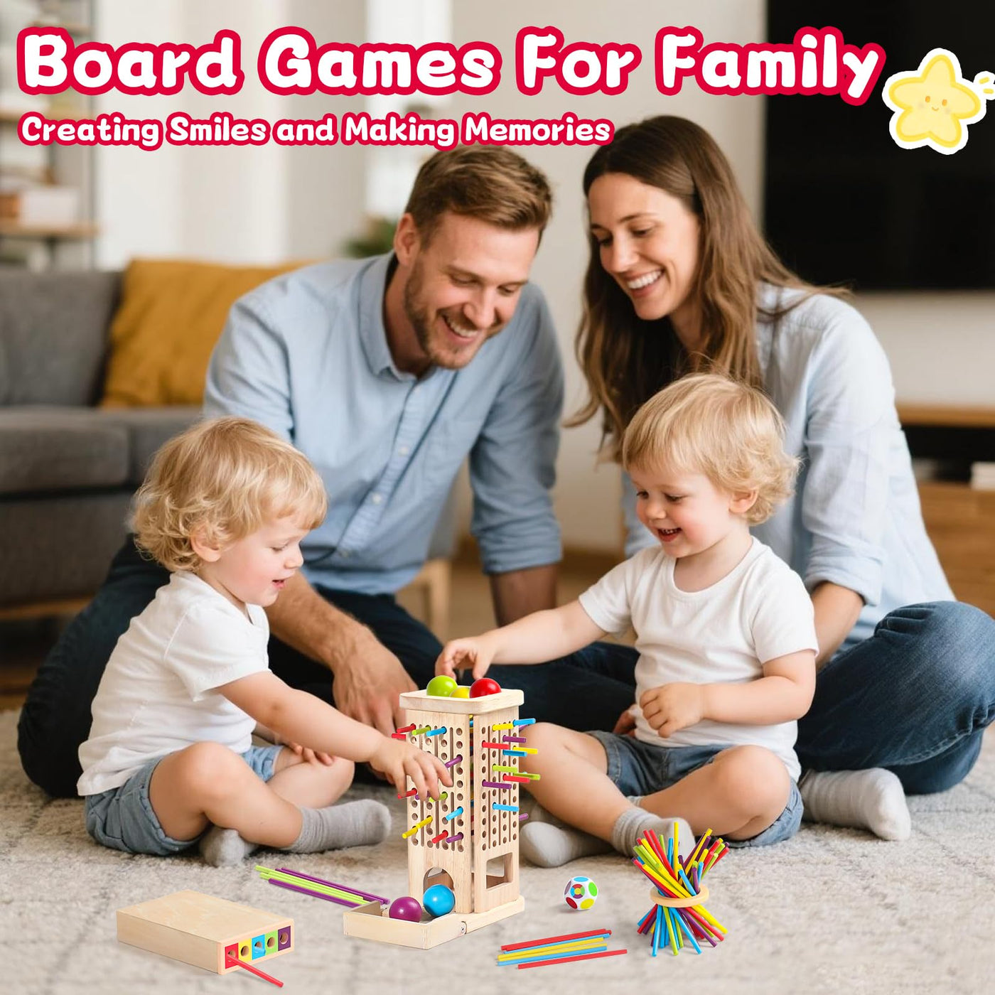 Akokie Montessori Spielzeug ab 3 Jahre Spiele ab 3 4 5 Jahren 3-IN-1 Brettspiele Lernspiele ab 4 Jahre mit 40 Holzstäbe, Aufbewahrungsbox Klassifizierung Farblernturm Kinderspiele Reisespiele Kinder