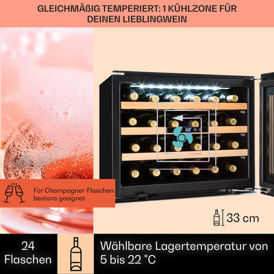 Klarstein Weinkühlschrank, 1 Zonen Getränkekühlschrank, Kleiner Einbau-Weinschrank Schmal, 57L Wein-Kühlschrank mit Glastür, Indoor/Outdoor Flaschenkühlschrank, Wine Fridge 5-22°C, 24 Flaschen