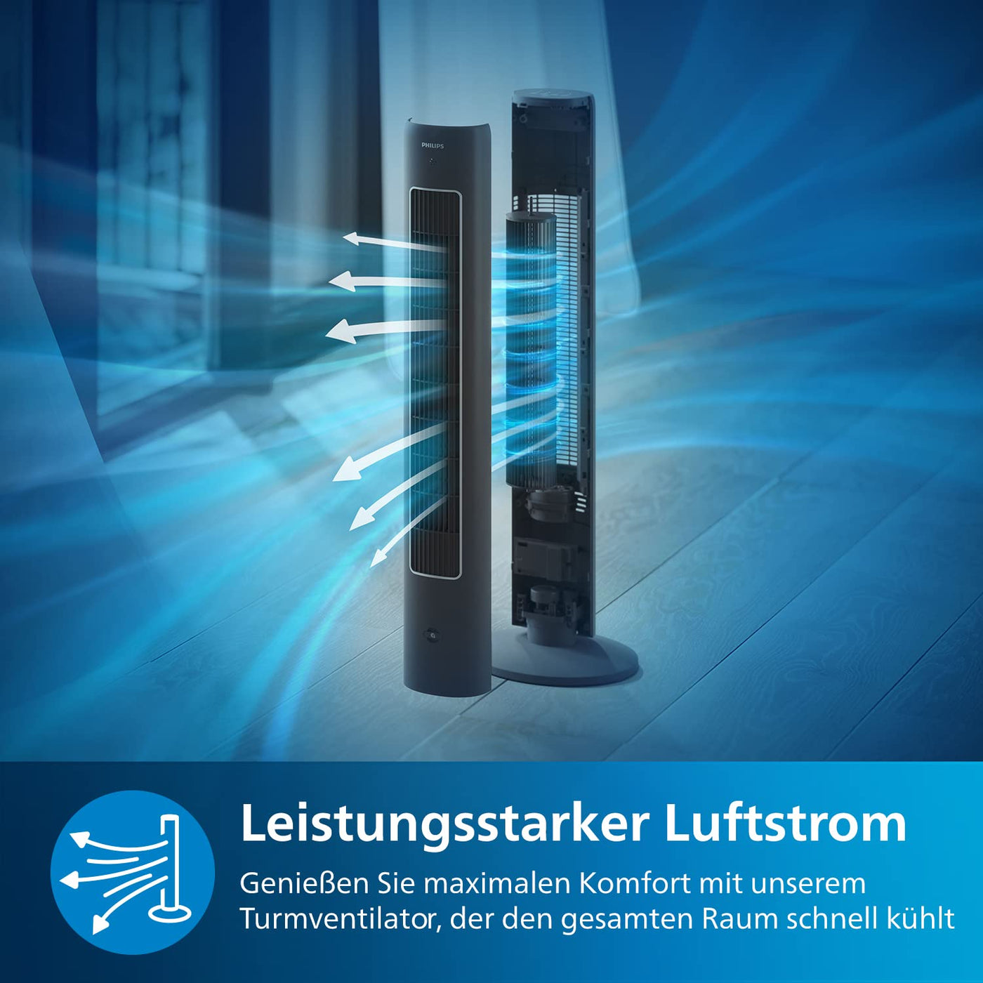 PHILIPS Oszillierender Turmventilator 5000 Serie, 105 cm, Fernbedienung, Timer, 3 Geschwindigkeiten, 3 Modi, 40W, leistungsstarker leiser Luftstrom, geeignet als Aroma-Diffuser, grau (CX5535/11)