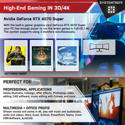 SYSTEMTREFF High-End Gaming PC AMD Ryzen 7 5700X3D 8x4.1GHz | Nvidia GeForce RTX 4070 Super 12GB DX12 | 1TB M.2 NVMe | 32GB DDR4 RAM | WLAN Desktop Computer Rechner für Gamer, Zocker & Streamer