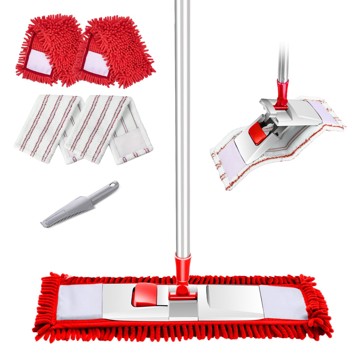 HEVOL Flach Wischmopp,Chenille Mikrofaser Bodenwischer mit 125cm Edelstahlgriff und 4 Wischpads,Flachmopp für Hartholz, Laminat, Fliesenboden,Senden 1 Schaber