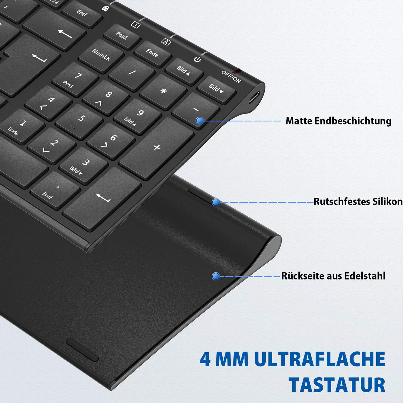 iClever Kabellose Tastatur, wiederaufladbare 2,4 GHz Funk Tastatur, Deutsches QWERTZ Layout, für Computer/Desktop/PC/Laptop/Chrome OS und Windows 10/8/7, Schwarz