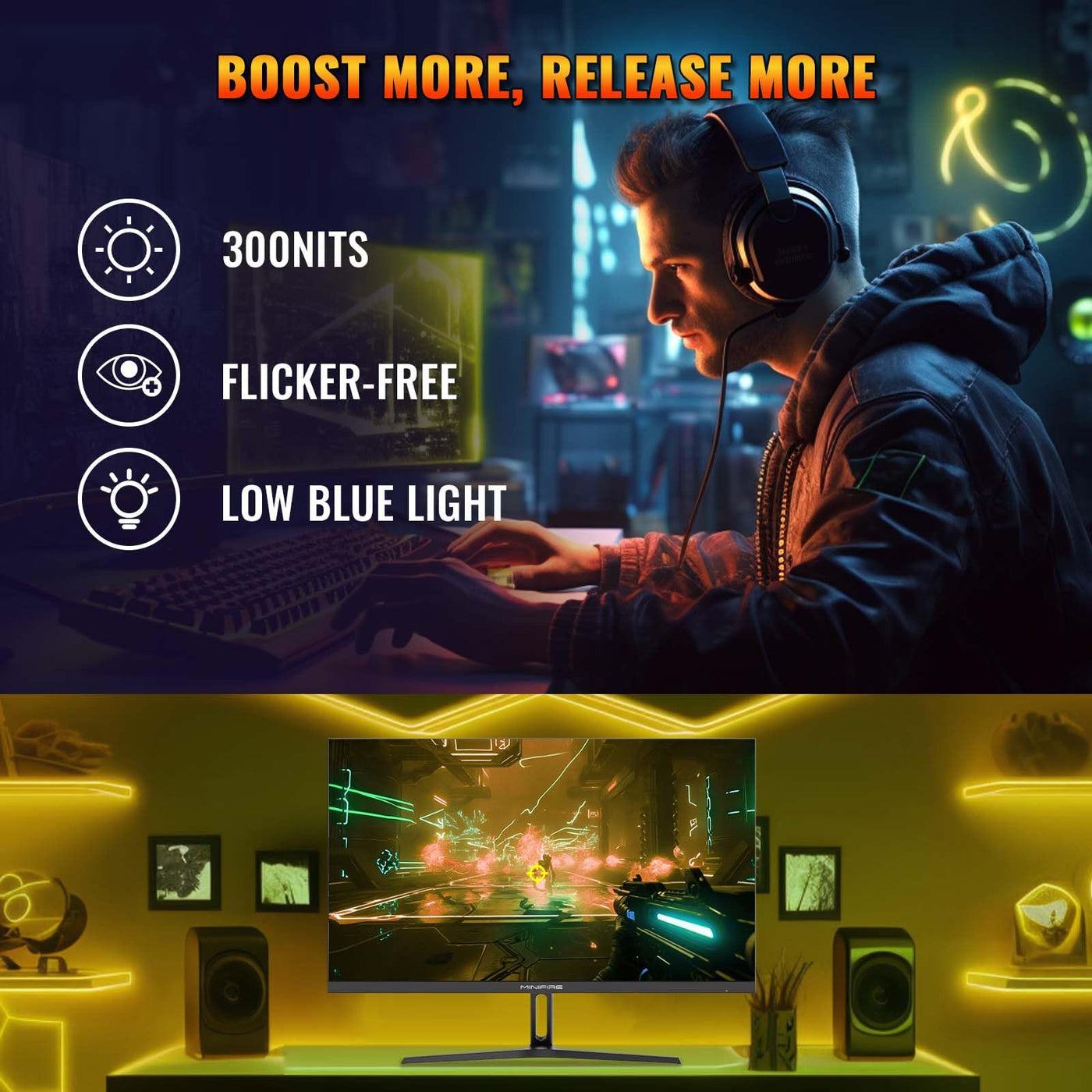 Minifire Gaming Monitor 27 Zoll, 165 Hz, 1ms, AdaptiveSync, IPS, 2xHDMI 2.0/1xDP 1.4 Ports, FHD, sRGB 110%, Monitor PC Bildschirm(MFG27F2 HDMI-Kabel im Lieferumfang enthalten)