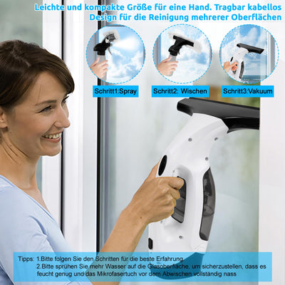 Akku Fenstersauger, 35 Min Laufzeit, 2200mAh Aufladbare Fensterabzieher Mit 150ml Sprühflasche Und 2pcs Wechselbare Absaugdüse, Wischtuchaufsatz für Fenster, Fliesen, Dusche