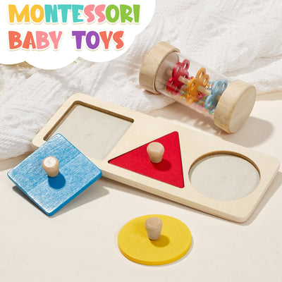 Atoylink Montessori Baby Spielzeug ab 0 3 6 9 Monate, Sensorik Spielzeug mit Spinning Drum & Regenmacher Baby & Steckpuzzle, Holzspielzeug Motorikspielzeug Babyspielzeug Geschenk 1 Jahr