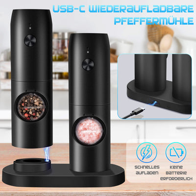 MILFECH Salz und Pfeffermühlen Elektrische 2er Set mit Wiederaufladbarer Basis, Einstellbarer Grobheit Gewürzmühle, Automatisches Mahlen, LED-Licht mit Reinigungsbürste für BBQ Restaurant Küche