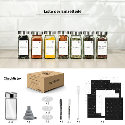 Miorkly Gewürzgläser Eckig mit Streueinsatz, Edelstahl Deckel Gewürzdosen Set 120ml, 12 Gewürzgläser Set, Gewürzstreuer Glas mit Streuer-Aufsätze, Trichter, Etiketten & Kreidestift, Gewürze Set