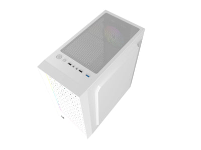 Oversteel - Iridium Gaming PC Gehäuse Kompatibel mit ATX, Micro ATX und ITX Boards, 120mm A-RGB Lüfter, Mesh Front, 2 Staubfilter, gehärtetes Seitenglas, USB 3.0, Weiß