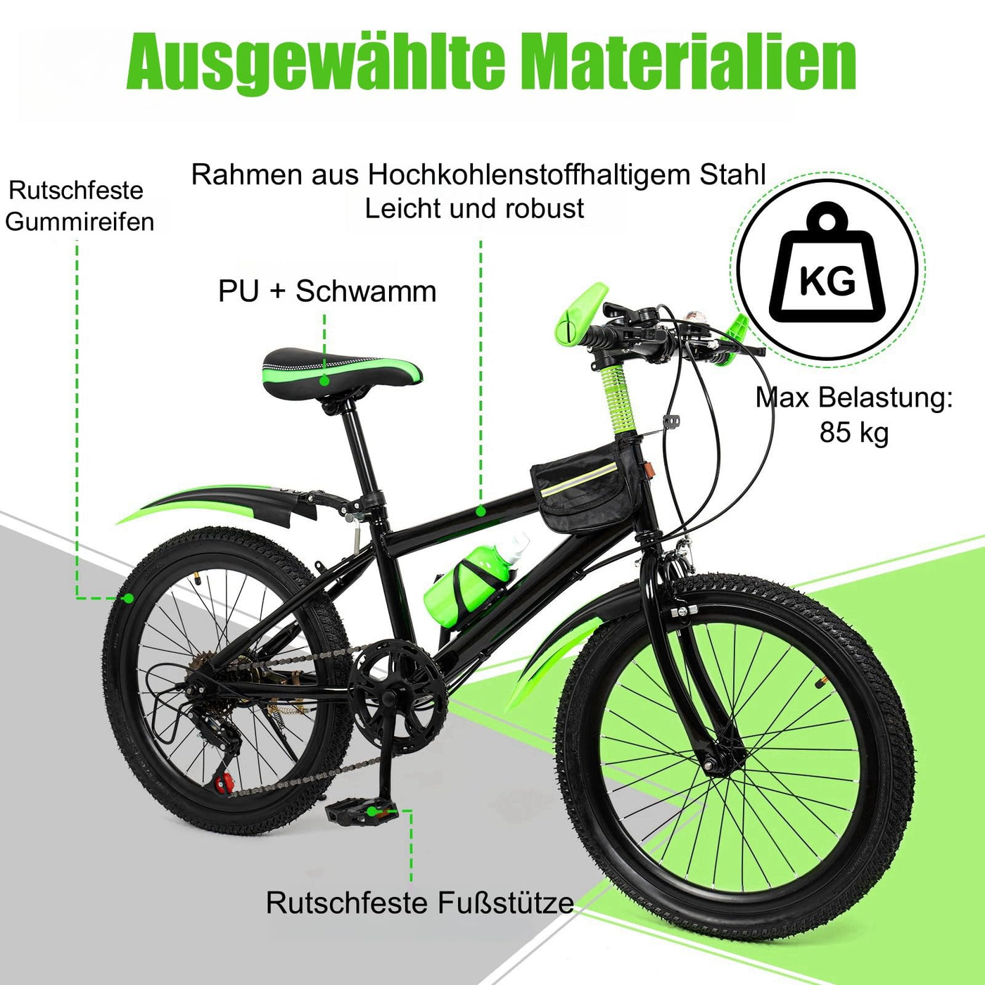 Charocean Mountainbike 20 Zoll Kinderfahrrad Kinder Fahrrad für Jungen & Mädchen, 7 Gang Mountainbike mit Schutzblech, Wasserflasche, Kompassglocke, Tragfähigkeit 85KG, Von 8-13 Jahren (Grün)