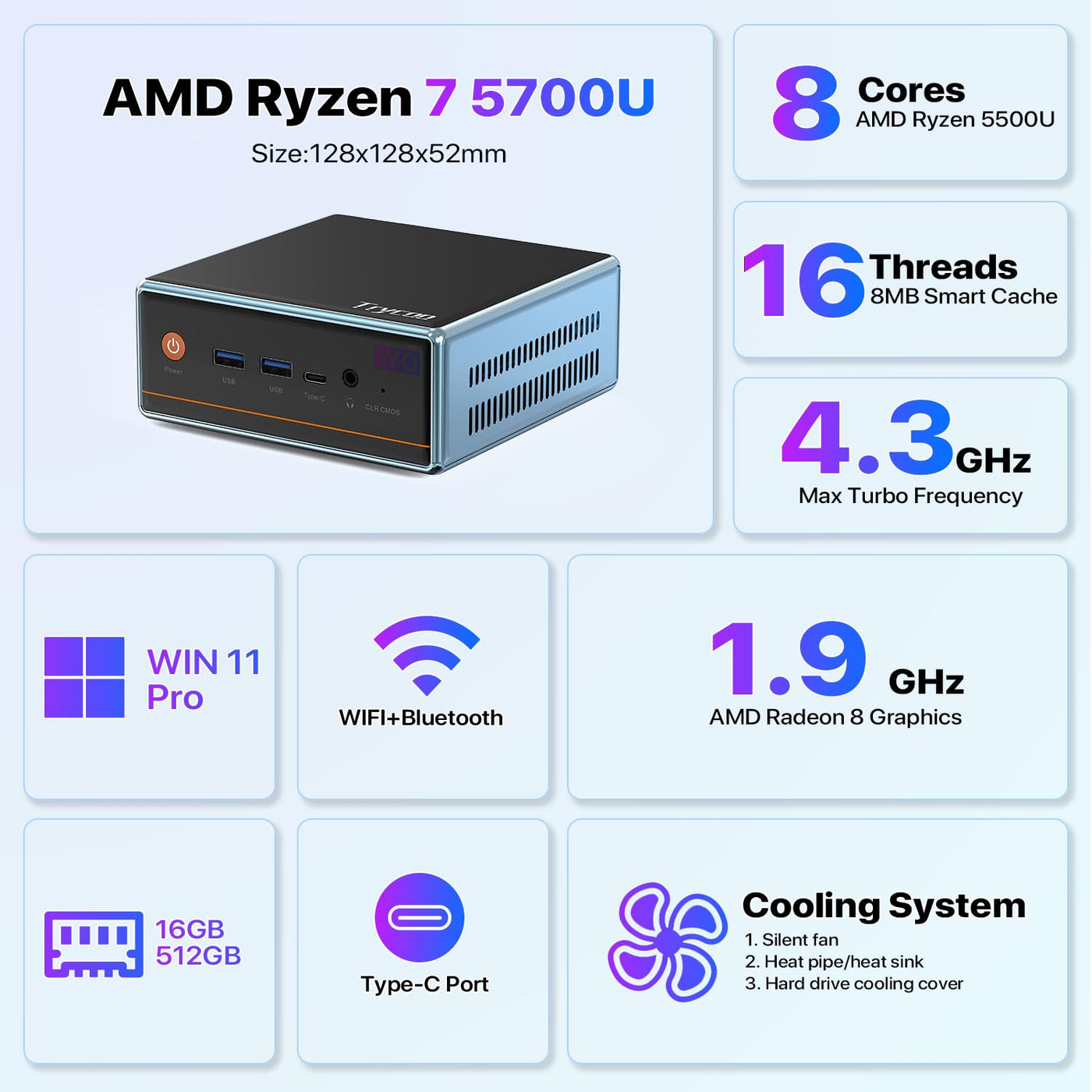 Trycoo WO4 Mini-PC, AMD Ryzen 7 5700U (8C/16T, bis zu 4,34 GHz), Mini-Computer mit 16 GB DDR4 RAM/512 GB M.2 2280 SSD, Micro PC 4K @ 60Hz, WiFi6/BT5.2/USB3.2/Zuhause/Büro/Spiel