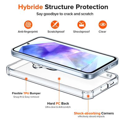 iVoler Nie Vergilbung Klar Hülle für Samsung Galaxy A55 5G mit Stoßfest Schutzecken, 1 Handyhülle mit 3 Stück Panzer Schutz Glas, [Militärischer Schutz] Transparent Schutzhülle Dünn Durchsichtige Case