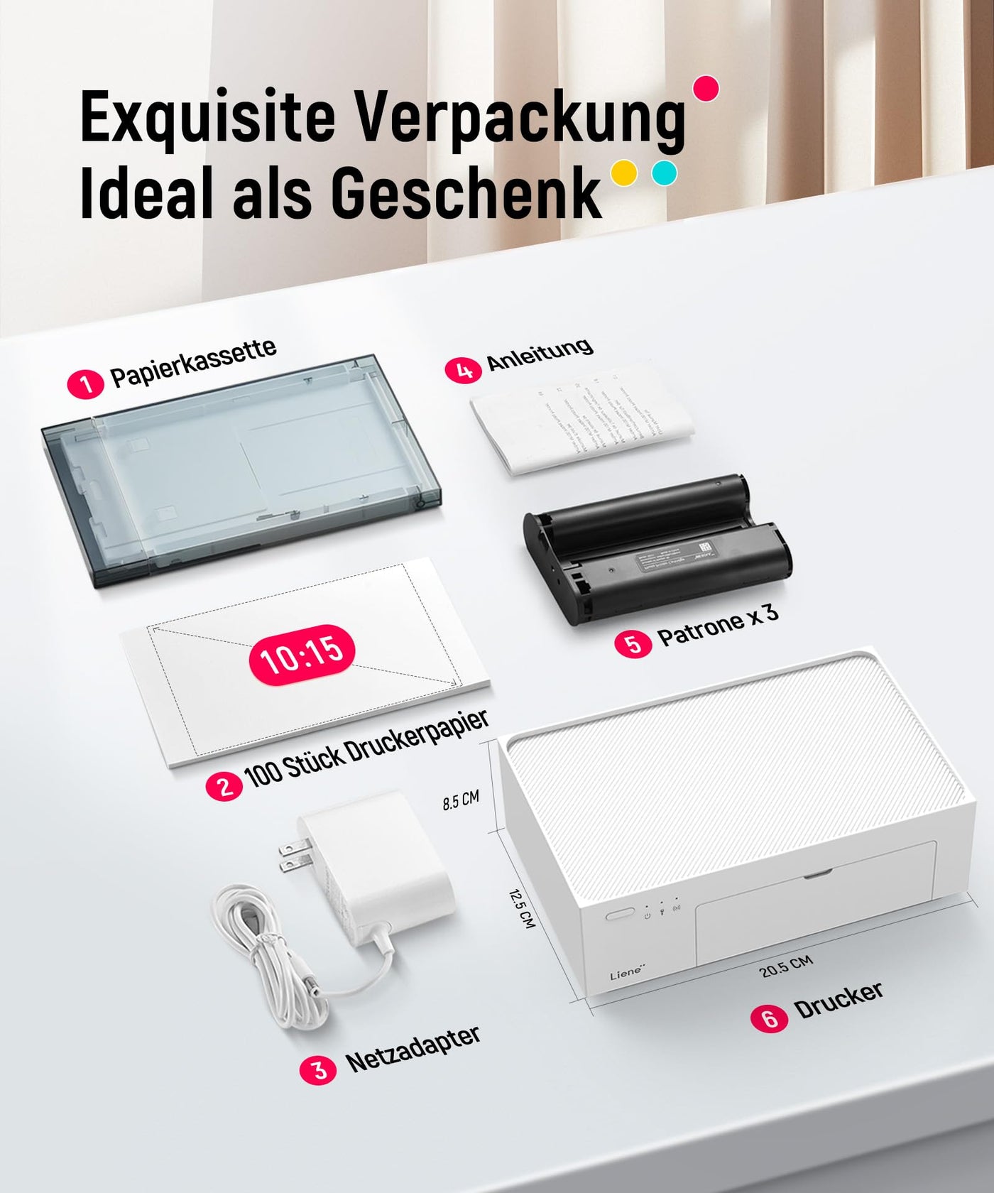 Liene Fotodrucker für Smartphone(10x15 cm)+Set mit 2 Packungen(20+80 Blatt) Fotopapier/Patrone,WiFi Handy Fotodrucker für iPhone/Android/PC, 300DPI Farbsublimation Sofortbilddrucker, Printer Portable