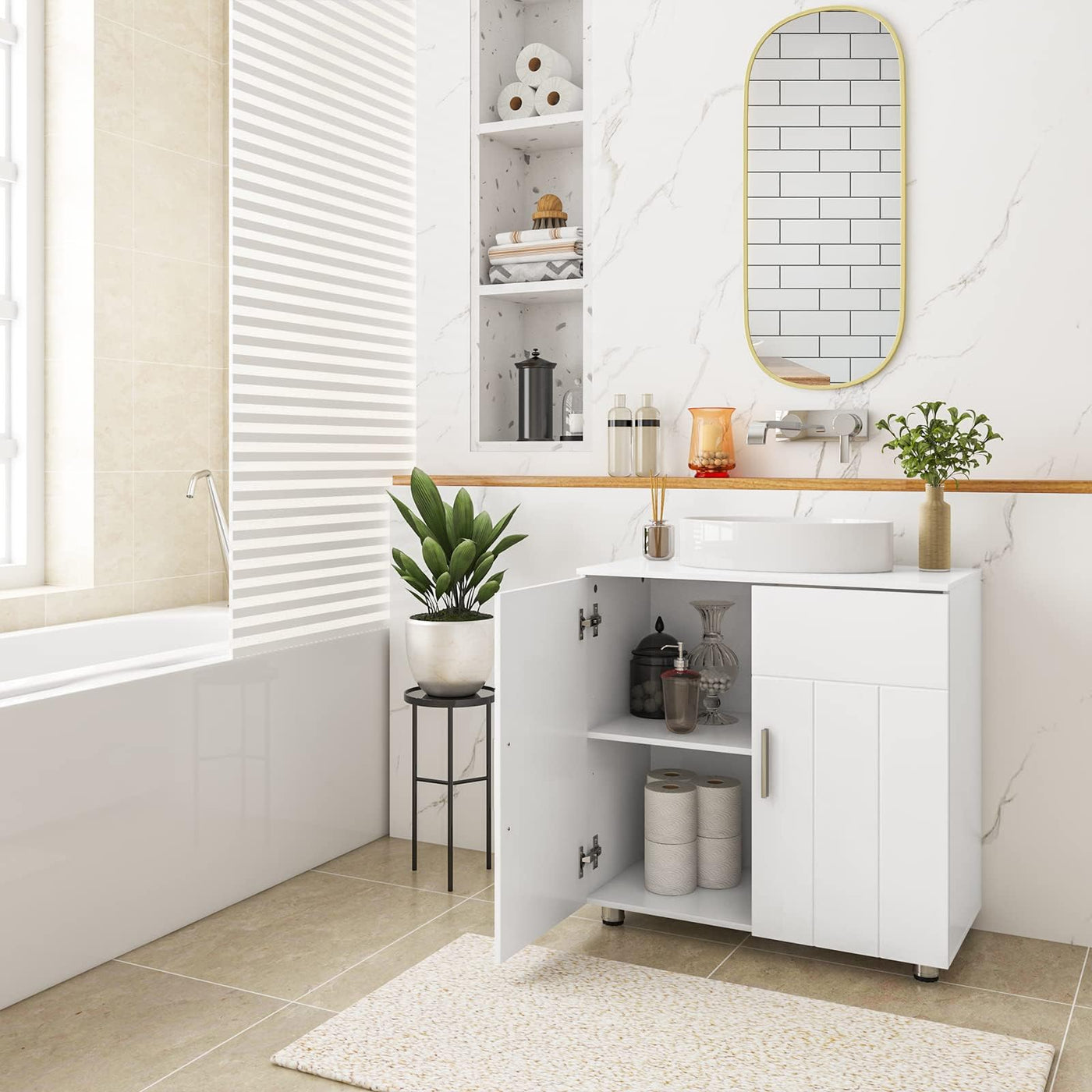 EUGAD Waschbeckenunterschrank,Unterschrank, Waschtischunterschrank, Badezimmerschrank mit 2 Türen,Verstellbarer Trennwand, Metallscharnieren, Landhausstil Weiß 60x60x30 cm