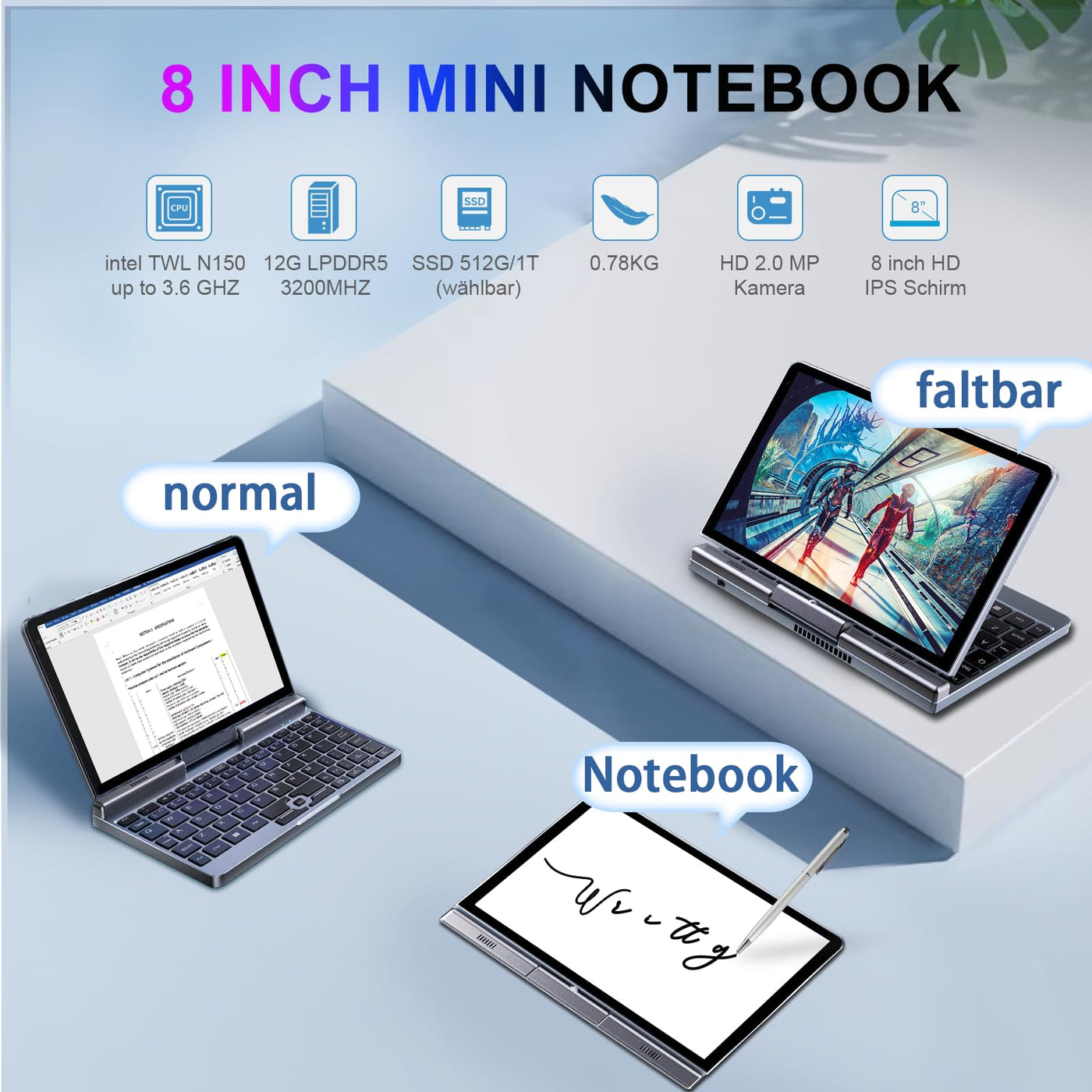 KOOSMILE 8" Touchscreen Laptop，Mini Laptops 2 in 1 Laptop mit Tastatur 12 GB LPDDR5-RAM, 512 GB/1 TB SSD, Wi-Fi 6, BT 5.2, HDMI, 2-MP-Kamera, Convertible-Notebook(N150-12GB+1TB)