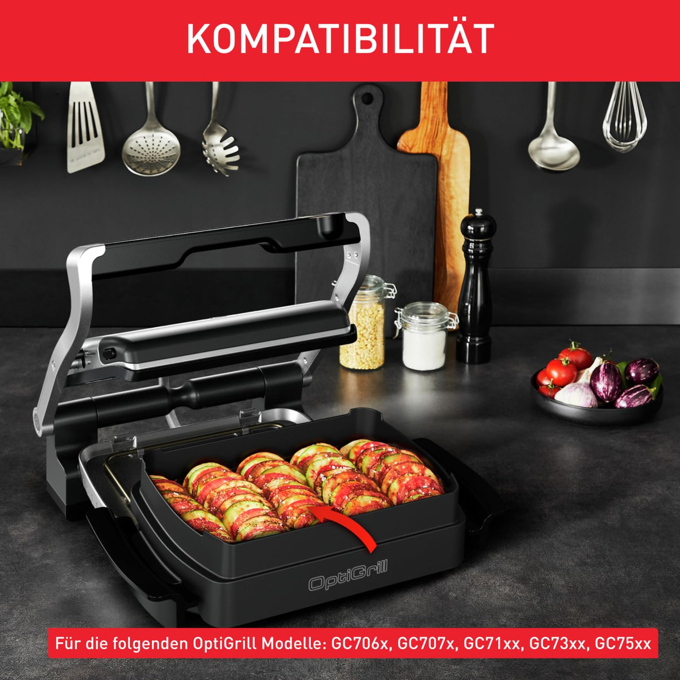 TEFAL OptiGrill Snacking & Baking Backschale, antihaftbeschichtet, wärmeisolierte Griffe, für Brot, Aufläufe, Süßes, etc., OptiGrill + und OptiGrill Elite, schwarz, Backschale XA725870