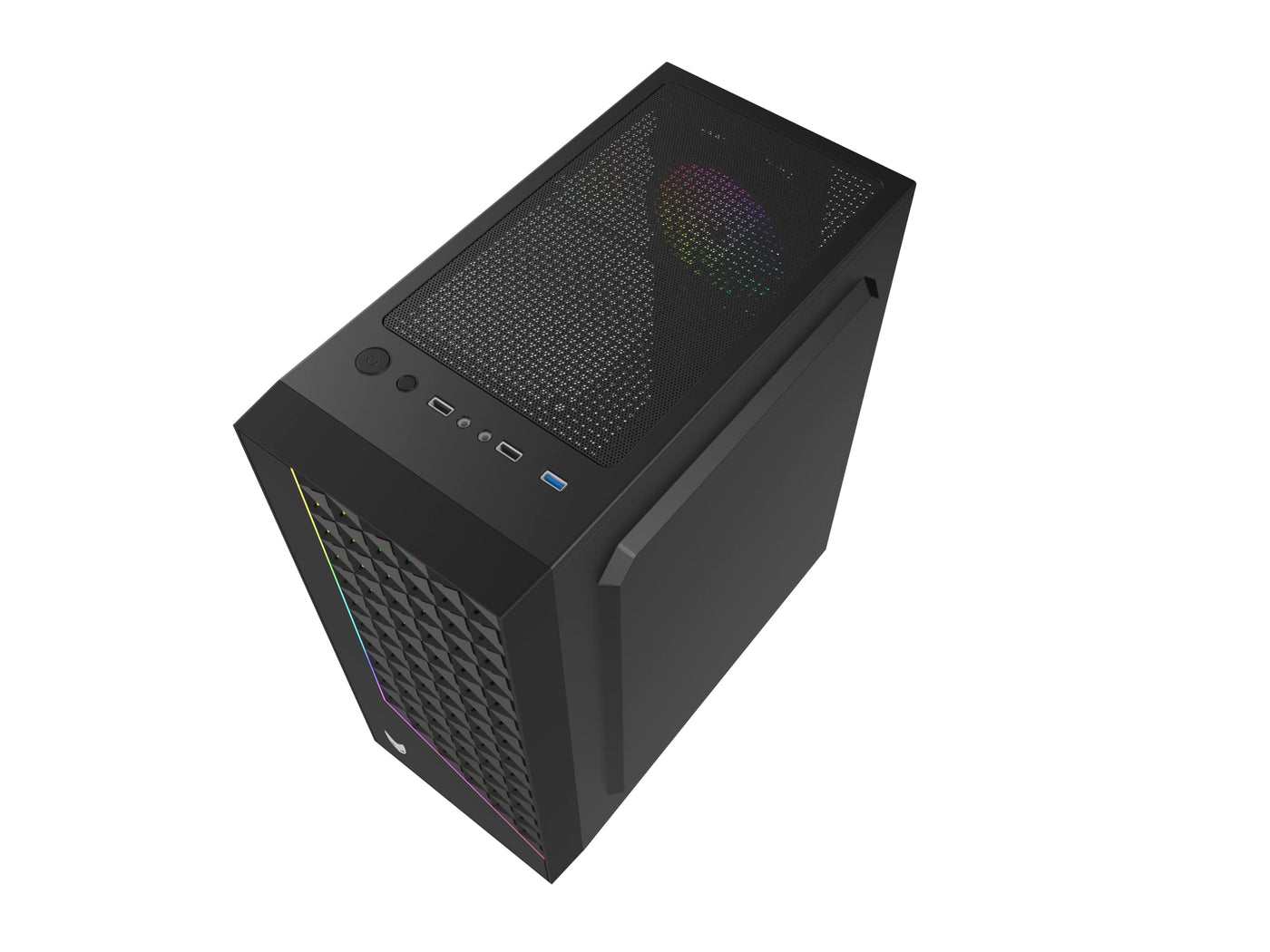 Oversteel - Iridium Gaming PC Gehäuse Kompatibel mit ATX, Micro ATX und ITX Boards, 120mm A-RGB Lüfter, Mesh Front, 2 Staubfilter, gehärtetes Seitenglas, USB 3.0, Schwarz
