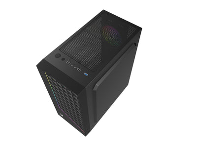 Oversteel - Iridium Gaming PC Gehäuse Kompatibel mit ATX, Micro ATX und ITX Boards, 120mm A-RGB Lüfter, Mesh Front, 2 Staubfilter, gehärtetes Seitenglas, USB 3.0, Schwarz