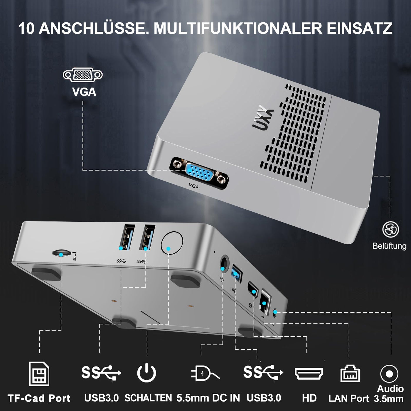 UXX Mini PC Unterstützung 512GB M.2 SSD Erweiterung, N3350 Micro Desktop Computer 64GB eMMC, Gaming PC 4K UHD Dual Display, BT, 2.4/5G WiFi, USB 3.0, HD für Büro/Home (silbrig)