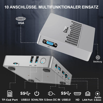 UXX Mini PC Unterstützung 512GB M.2 SSD Erweiterung, N3350 Micro Desktop Computer 64GB eMMC, Gaming PC 4K UHD Dual Display, BT, 2.4/5G WiFi, USB 3.0, HD für Büro/Home (silbrig)