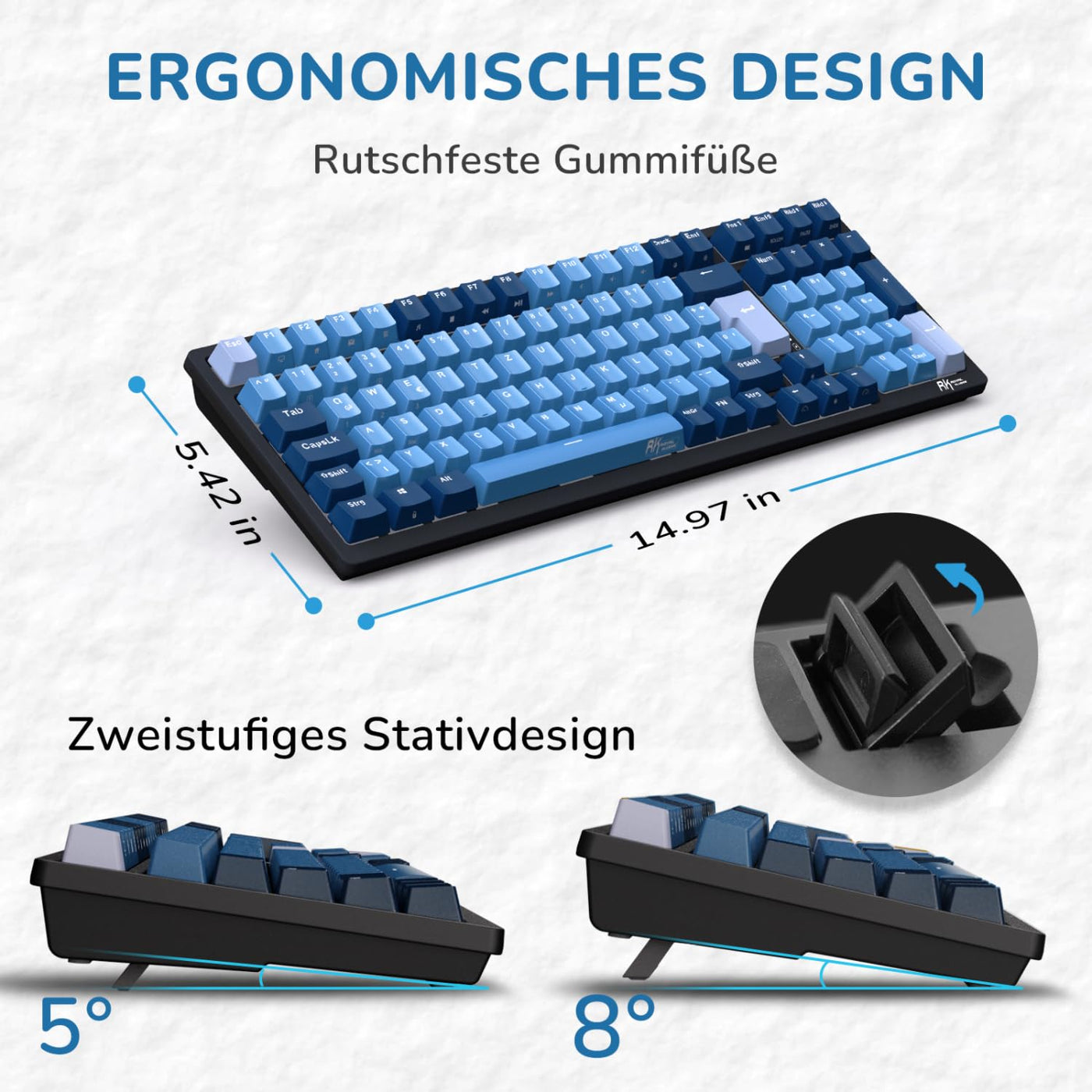 RK ROYAL KLUDGE RK98 Mechanische Tastatur Kabellose Gaming Tastatur 2.4G/Bluetooth 5.1/USB-C RGB Hinterleuchtet Deutsches Layout QWERTZ 100 Tasten Hot Swappable Braune Schalter, Blau