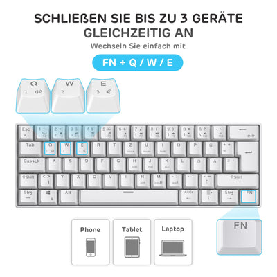 RK ROYAL KLUDGE RK61-DE 60% Bluetooth/kabelgebundene / 2.4Ghz kabellose mechanische Tastatur, 61 Tasten, Hot-Swap-fähige Blaue Schalter Gaming-Tastatur für Win/Mac, Weiß, QWERTZ Deutsches Layout