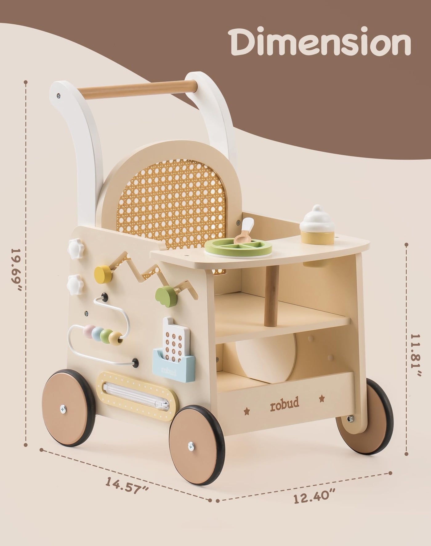 ROBUD Holz lauflernhilfe Baby Walker, 2-In-1 Puppe Lauflernwagen mit Montessori Busy Activity Board für Motorik, Sicherheitsbremse Spielzeug Laufwagen, Geschenk für Kleinekinder ab 10 Monate+