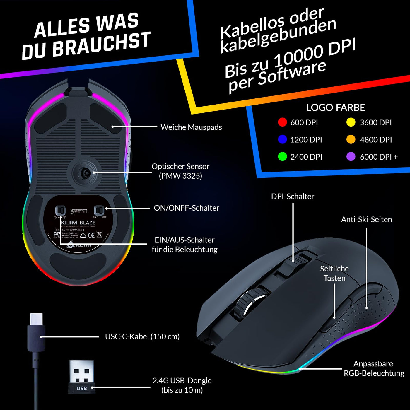 KLIM Blaze - Wiederaufladbare kabellose RGB Gaming Maus - NEU 2023 - Hochpräziser Sensor mit Langer Akkudauer - Einstellbar auf bis zu 10000 DPI - Kabel- und Funk Maus Modus (Schwarz)