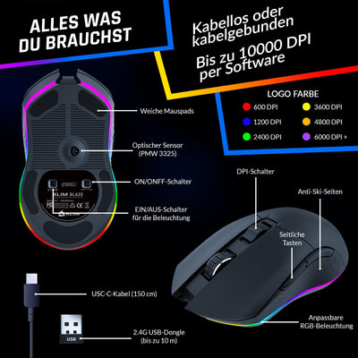 KLIM Blaze - Wiederaufladbare kabellose RGB Gaming Maus - NEU 2023 - Hochpräziser Sensor mit Langer Akkudauer - Einstellbar auf bis zu 10000 DPI - Kabel- und Funk Maus Modus (Schwarz)