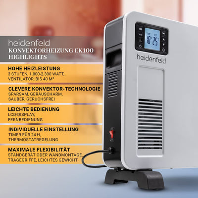 Heidenfeld Elektro Konvektorheizung EK100 | 𝟑 𝐉𝐀𝐇𝐑𝐄 𝐆𝐀𝐑𝐀𝐍𝐓𝐈𝐄 - 2300 Watt - Fernbedienung - Timer - LCD-Display - Heizkörper - Heizgerät - Elektroheizung - Bis 40 m² - Konvektor (EK100)