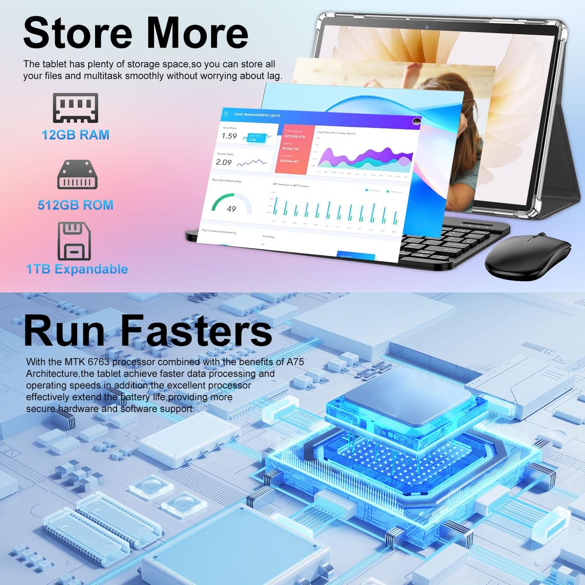 Crelander 10.1 Inch Android 13 Tablet mit SIM Card Slot 4G LTE Calling, 12GB+512GB, 8000mAh Battery, Dual Camera, Bluetooth/WiFi, Bundle mit Schutzhülle, Tastatur, Maus & Stylus (Grau Schwarz)