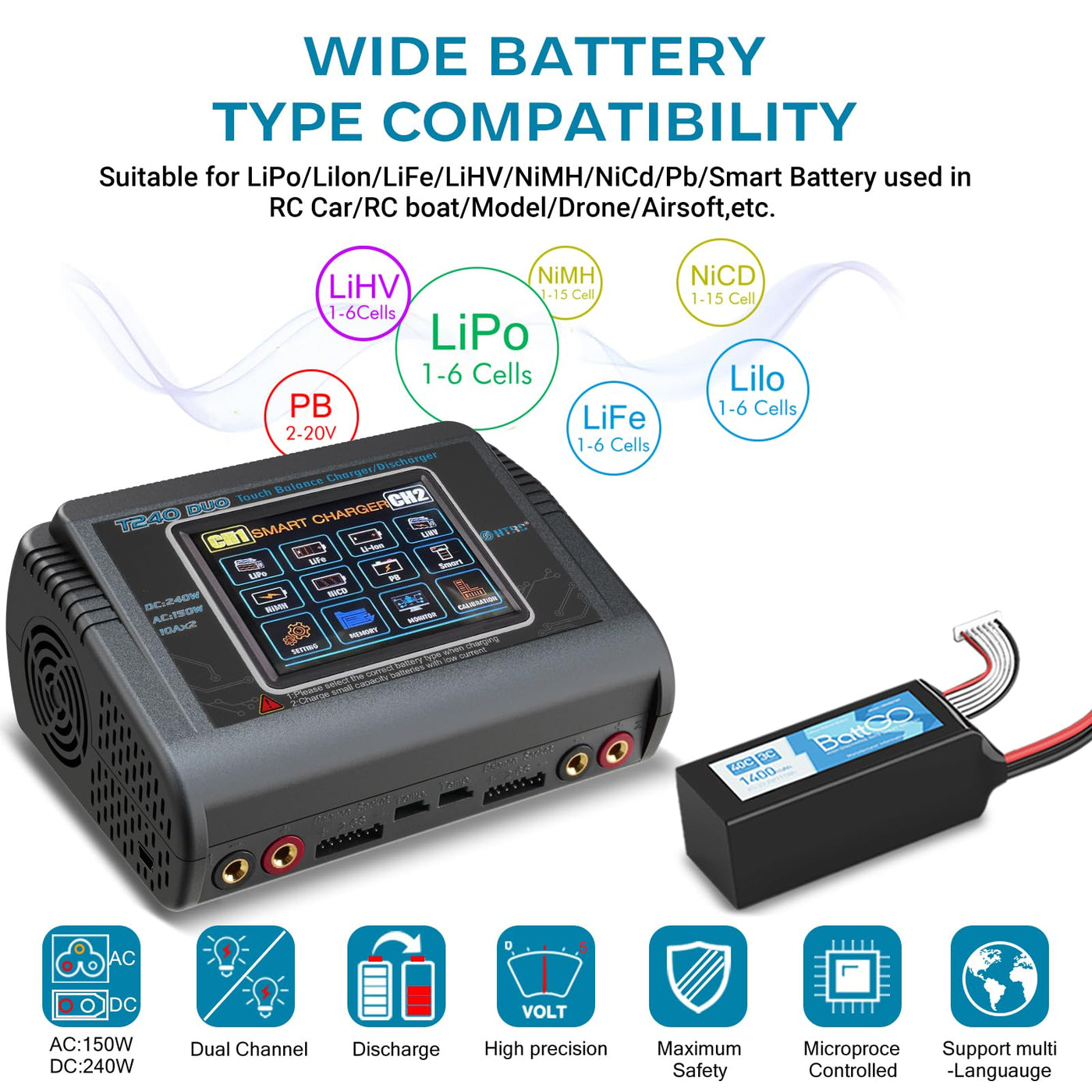 HTRC T240 Duo RC Balance Ladegerät/Entlader für Lilon LiPo Life LiHV NiCd NiMH PB Smart Batterie Dual-Multi-Ladegerät AC 150W / DC 240W 10A