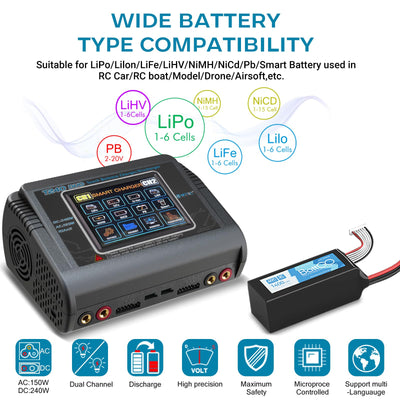 HTRC T240 Duo RC Balance Ladegerät/Entlader für Lilon LiPo Life LiHV NiCd NiMH PB Smart Batterie Dual-Multi-Ladegerät AC 150W / DC 240W 10A