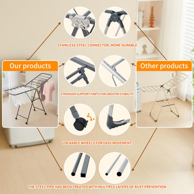 Kaixin Rabbit Zusammenklappbarer Wäscheständer，Und Habe 18 stangen，Räder können festgestellt Werden，Wäscheständer aus Metall，Rostschutzbehandlung，Kann drinnen und draußen verwendet Werden