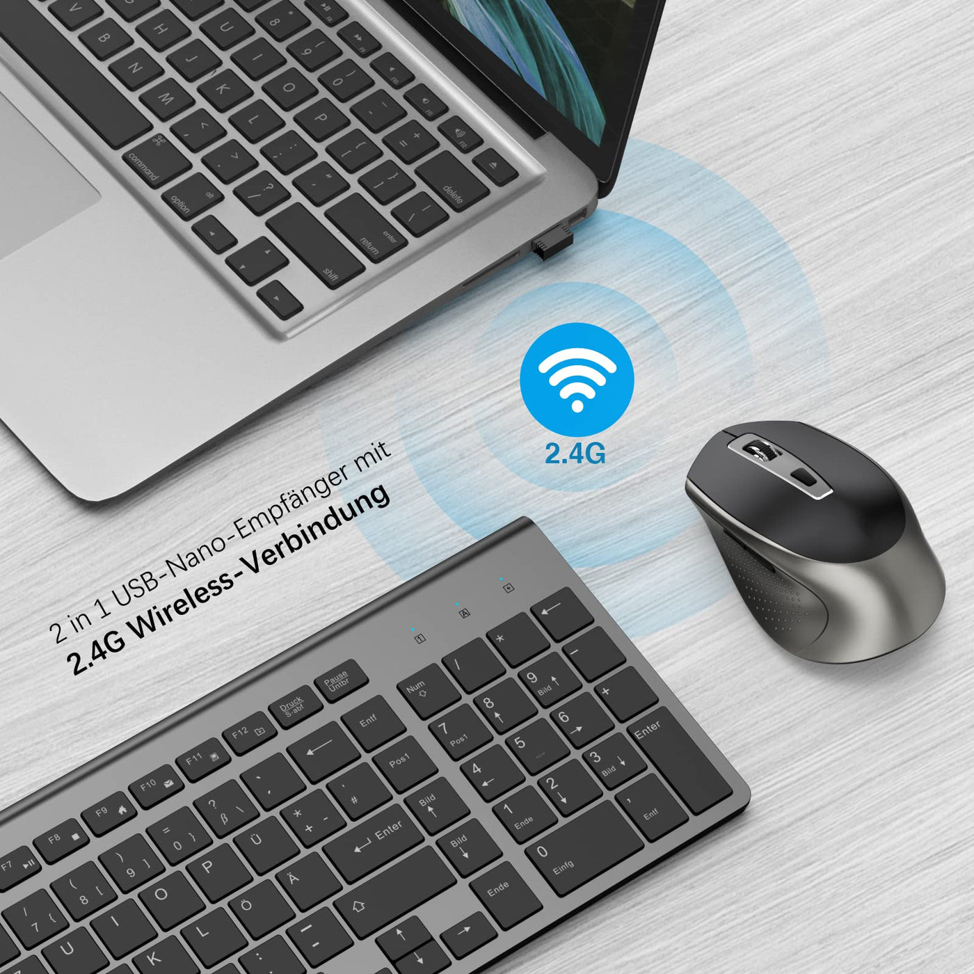 JOYACCESS Tastatur Maus Set Kabellos, 2.4G Ultra-Dünne Funktastatur mit Maus, QWERTZ Layout (Deutsch), Ergonomische Keyboard Mouse für Computer/Desktop/PC/Laptop/Windows 10/8/7, Schwarz und Grau