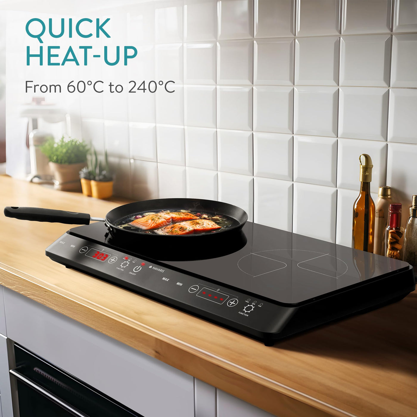 Navaris 2 Platten Induktionskochfeld - Mobil mit 3500 Watt - Tragbares Doppelt Camping Kochfeld - Induktionskochplatte mit Timer Touch-Display und Topf-Erkennung