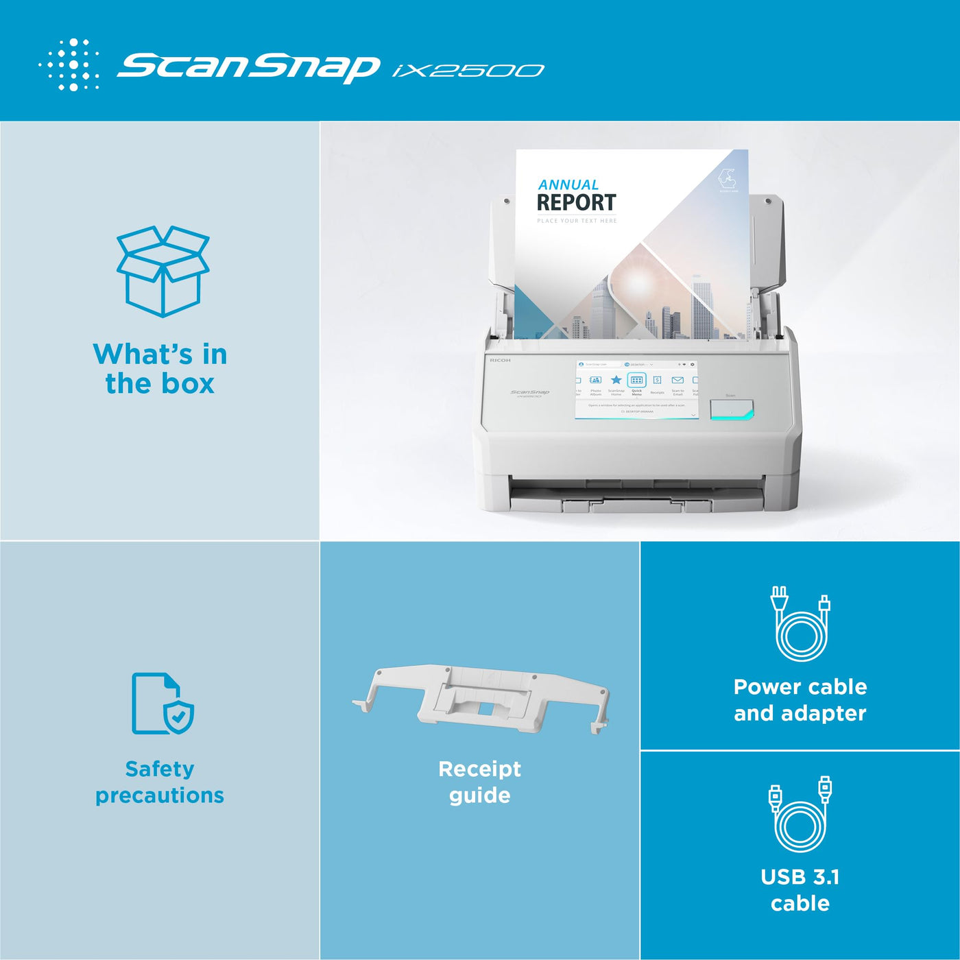 ScanSnap iX2500 Weiß – Ultraschneller Duplex-Scanner mit 45 S./Min., 100-Blatt-ADF, 600 DPI, 5″ Touchscreen, WLAN/Bluetooth/USB-Konnektivität